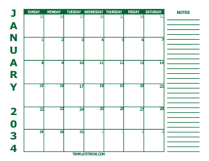 Free Calendars to Print 2034 - Green