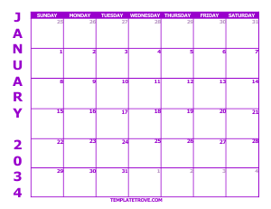 Free Calendars to Print 2034 - Purple