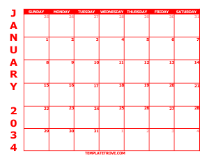 Free Calendars to Print 2034 - Red