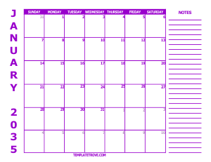 Free Calendars to Print 2035 - Purple