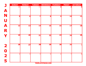2025 Free Calendars to Print - Red