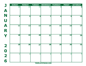 2026 Free Calendars to Print - Green