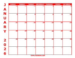 2026 Free Calendars to Print - Red