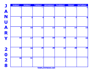 2028 Free Calendars to Print - Blue