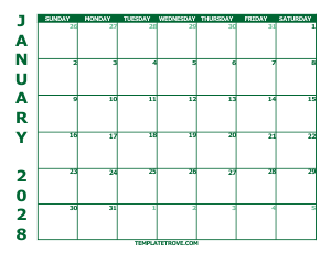 2028 Free Calendars to Print - Green