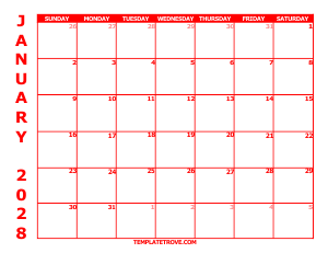 2028 Free Calendars to Print - Red