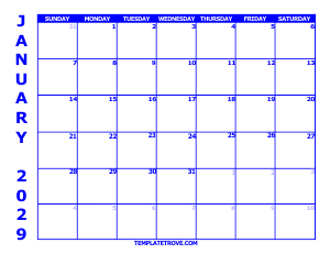 2029 Free Calendars to Print - Blue