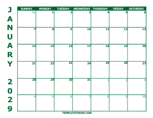 2029 Free Calendars to Print - Green