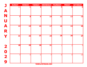 2029 Free Calendars to Print - Red