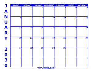 2030 Free Calendars to Print - Blue