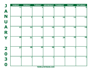 2030 Free Calendars to Print - Green