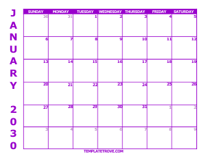 2030 Free Calendars to Print - Purple