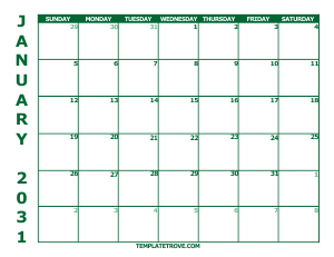 2031 Free Calendars to Print - Green