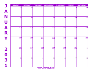 2031 Free Calendars to Print - Purple