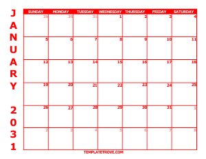 2031 Free Calendars to Print - Red