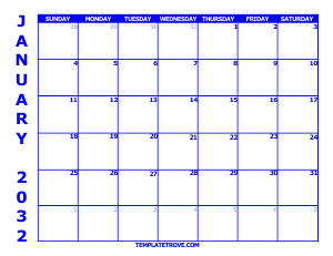 2032 Free Calendars to Print - Blue