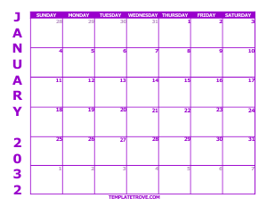 2032 Free Calendars to Print - Purple