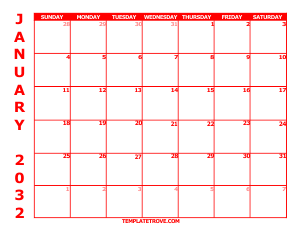 2032 Free Calendars to Print - Red