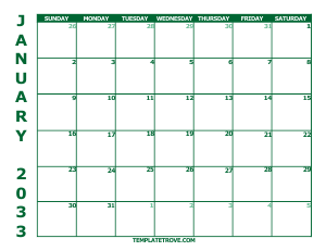 2033 Free Calendars to Print - Green