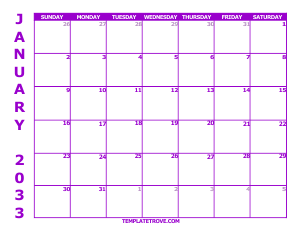 2033 Free Calendars to Print - Purple