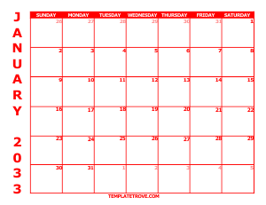 2033 Free Calendars to Print - Red