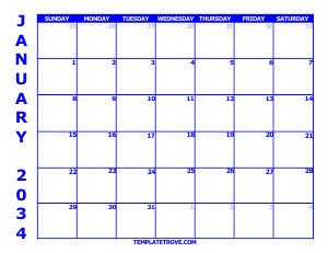 2034 Free Calendars to Print - Blue