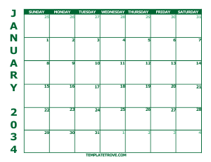 2034 Free Calendars to Print - Green