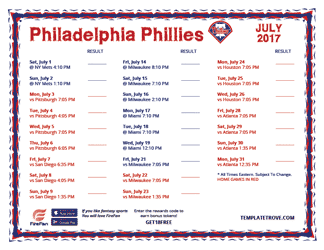 July 2017 Philadelphia Phillies Printable Schedule