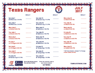 July 2017 Texas Rangers Printable Schedule