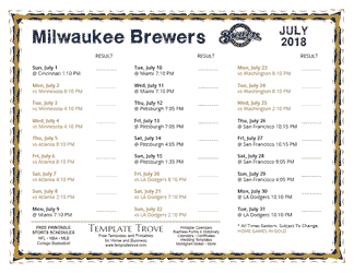 July 2018 Milwaukee Brewers Printable Schedule