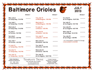 July 2019 Baltimore Orioles Printable Schedule