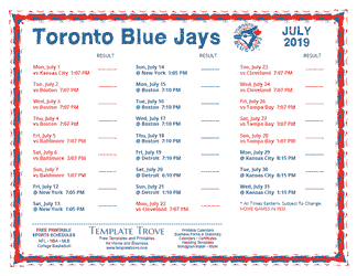 July 2019 Toronto Blue Jays Printable Schedule