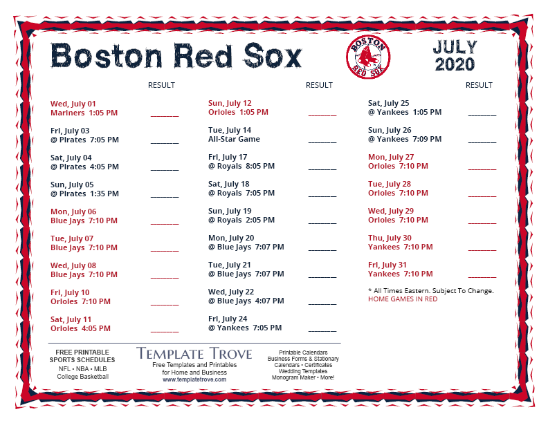 Printable 2020 Boston Red Sox Schedule