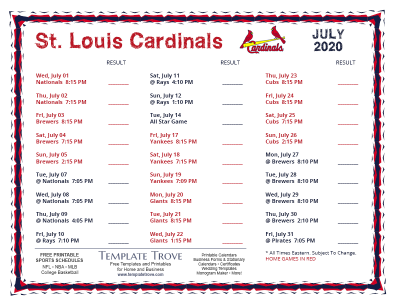 July 2020 Printable St. Louis Cardinals Schedule.