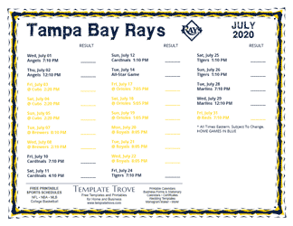 July 2020 Tampa Bay Rays Printable Schedule