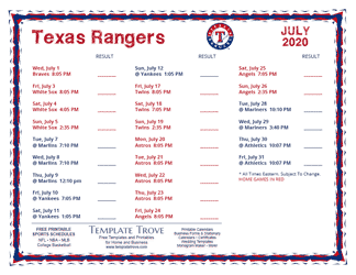 July 2020 Texas Rangers Printable Schedule