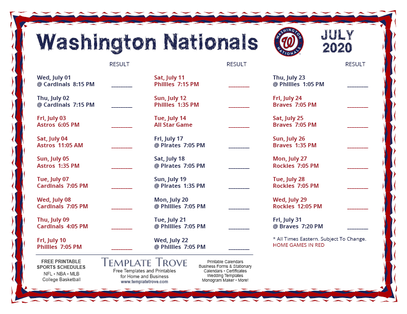 Printable 2020 Washington Nationals Schedule