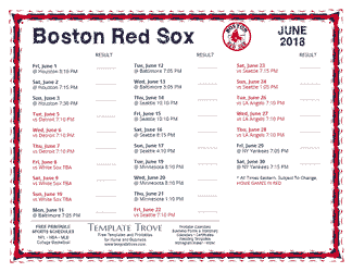 June 2018 Boston Red Sox Printable Schedule