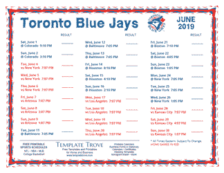 June 2019 Toronto Blue Jays Printable Schedule