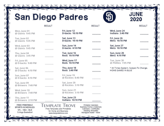 June 2020 San Diego Padres Printable Schedule
