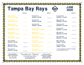 June 2020 Tampa Bay Rays Printable Schedule