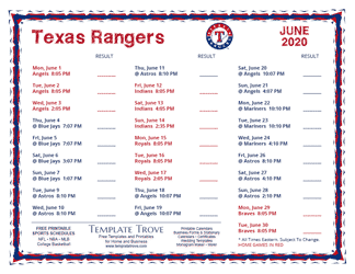 June 2020 Texas Rangers Printable Schedule