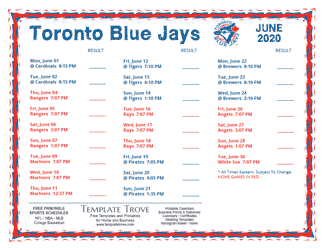 June 2020 Toronto Blue Jays Printable Schedule