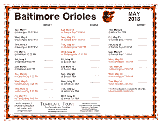 May 2018 Baltimore Orioles Printable Schedule