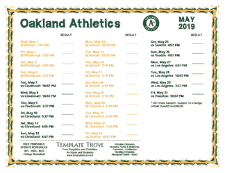 May 2019 Oakland Athletics Printable Schedule