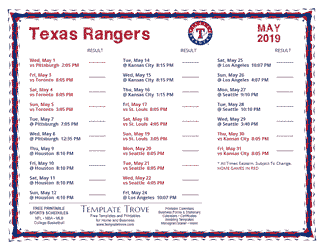May 2019 Texas Rangers Printable Schedule