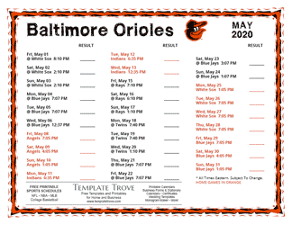 May 2020 Baltimore Orioles Printable Schedule