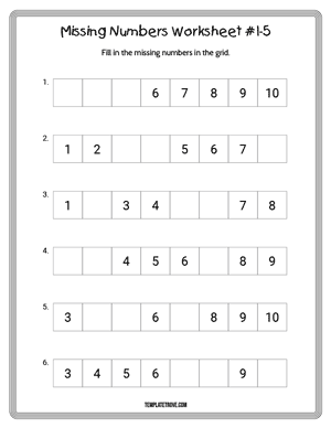 Missing Numbers Worksheet #1-5