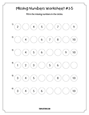 Missing Numbers Worksheet #3-5