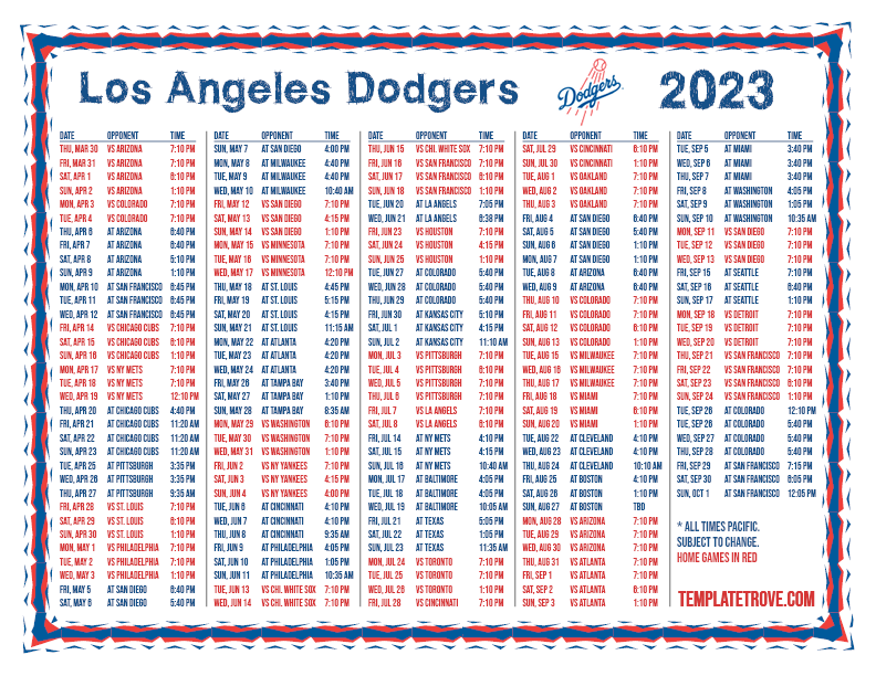 Printable 2023 Los Angeles Dodgers Schedule